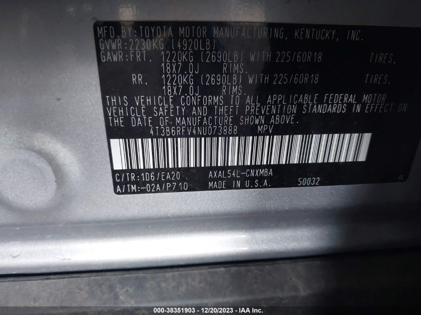 2022 TOYOTA RAV4 XLE PREMIUM HYBRID - 4T3B6RFV4NU073888