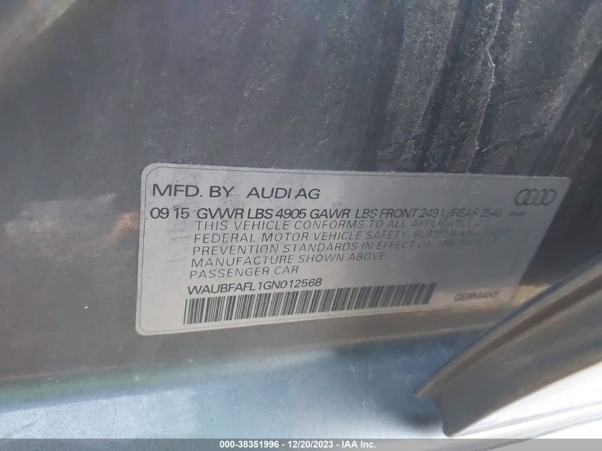 2016 AUDI A4 2.0T PREMIUM - WAUBFAFL1GN012568