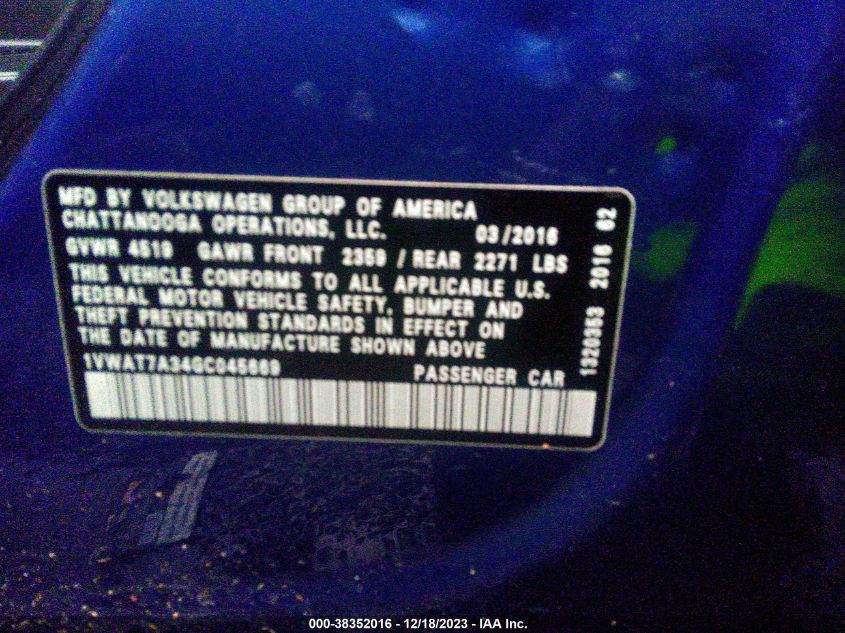 2016 VOLKSWAGEN PASSAT 1.8T S - 1VWAT7A34GC045669