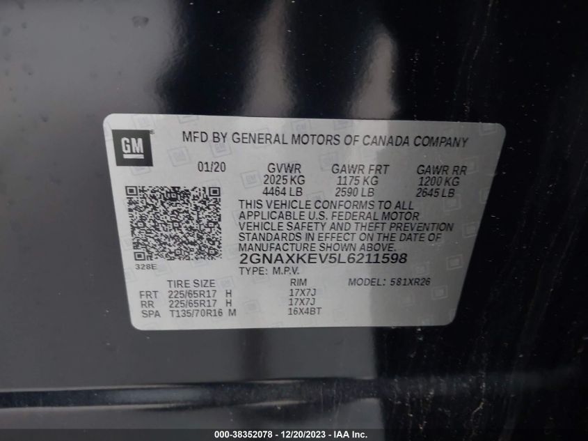 2020 CHEVROLET EQUINOX LT - 2GNAXKEV5L6211598