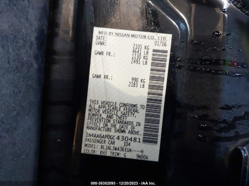 2016 NISSAN MAXIMA 3.5 SV - 1N4AA6AP0GC430481