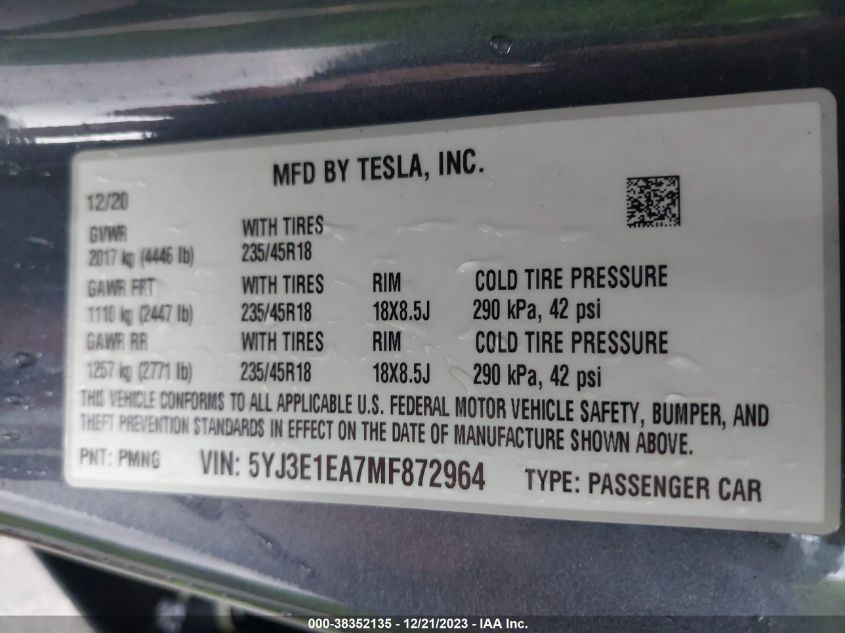 2021 TESLA MODEL 3 - 5YJ3E1EA7MF872964