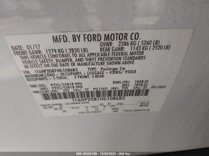 2017 FORD TAURUS SE - 1FAHP2D87HG108683