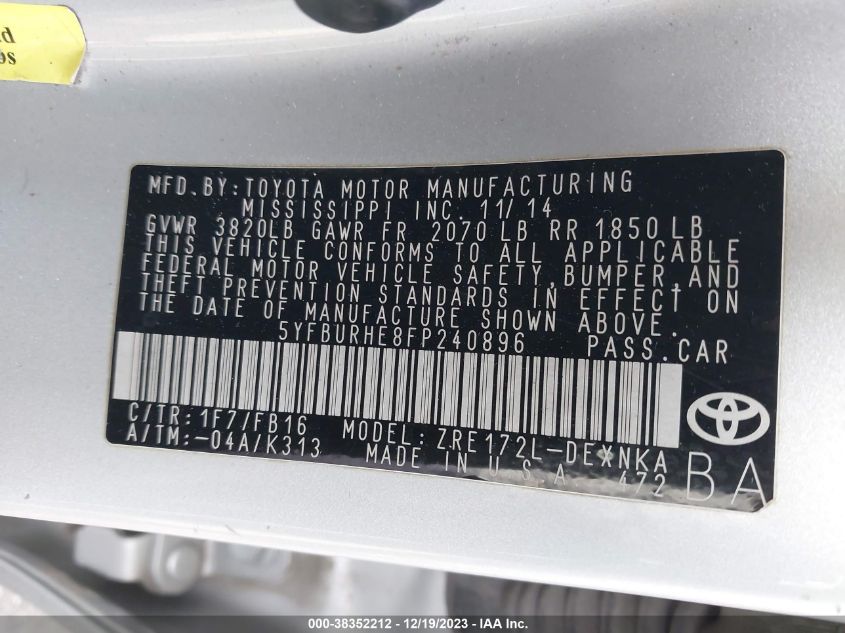 2015 TOYOTA COROLLA LE - 5YFBURHE8FP240896