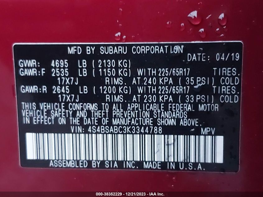 2019 SUBARU OUTBACK 2.5I - 4S4BSABC3K3344788