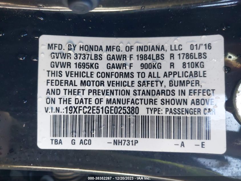 2016 HONDA CIVIC LX - 19XFC2E51GE025380
