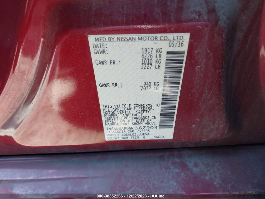 2016 NISSAN ALTIMA 2.5/S/SV/SL/SR - 1N4AL3AP6GN367903