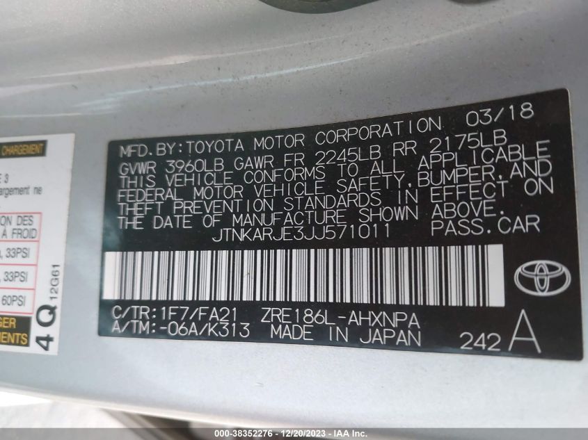 2018 TOYOTA COROLLA IM - JTNKARJE3JJ571011