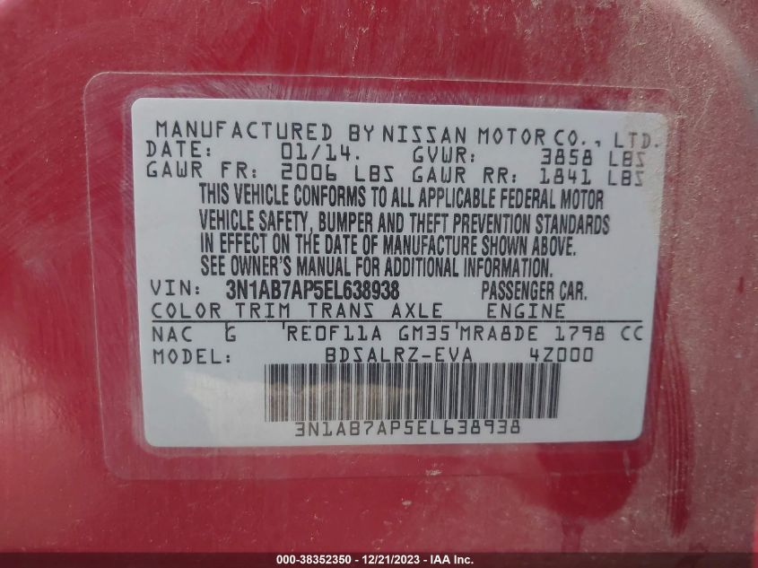 2014 NISSAN SENTRA S/SV/SR/SL - 3N1AB7AP5EL638938
