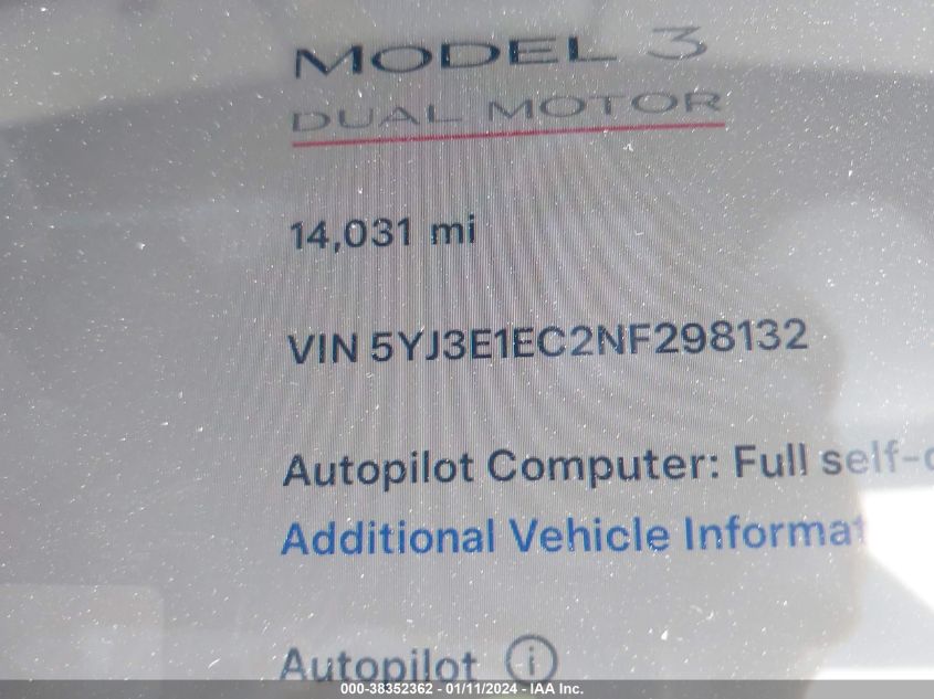 2022 TESLA MODEL 3 PERFORMANCE DUAL MOTOR ALL-WHEEL DRIVE - 5YJ3E1EC2NF298132