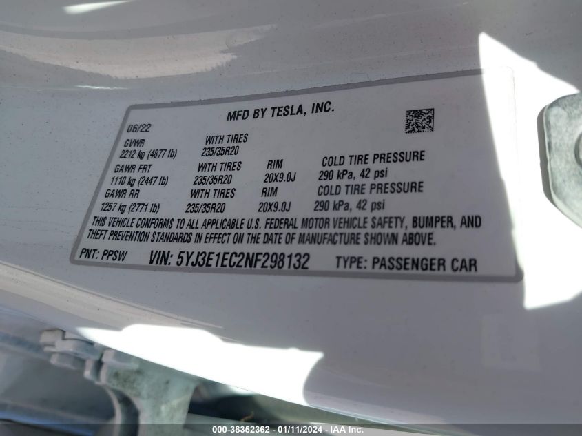 2022 TESLA MODEL 3 PERFORMANCE DUAL MOTOR ALL-WHEEL DRIVE - 5YJ3E1EC2NF298132