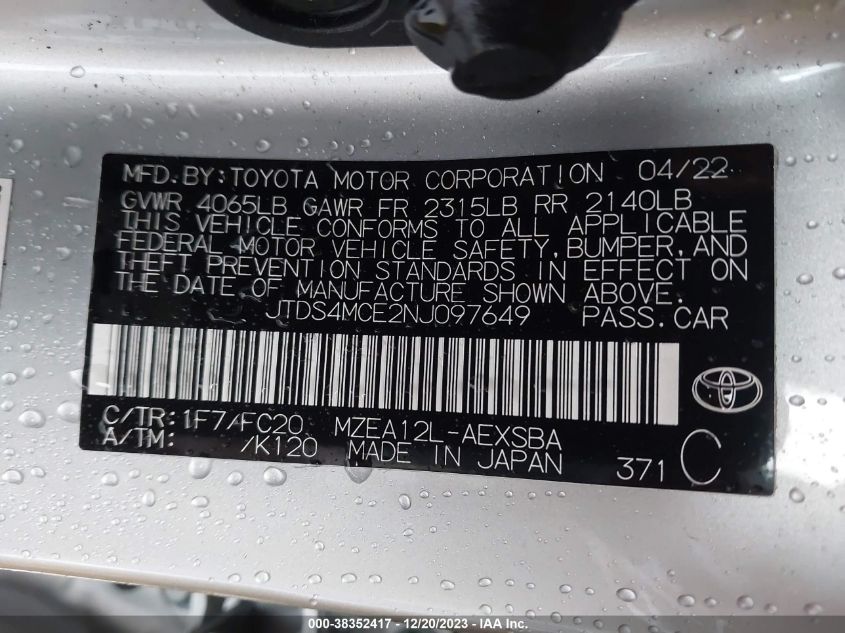 VIN JTDS4MCE2NJ097649 2022 TOYOTA COROLLA SE/NIGHT SHADE