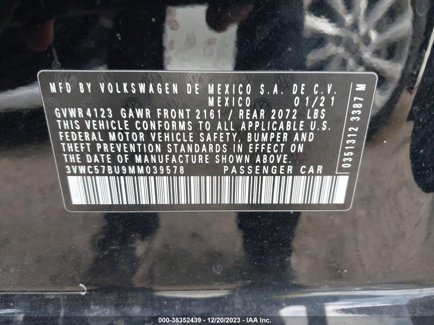 VIN 3VWC57BU9MM039578 2021 VOLKSWAGEN JETTA 1.4T R-LINE/1.4T S/1.4T SE