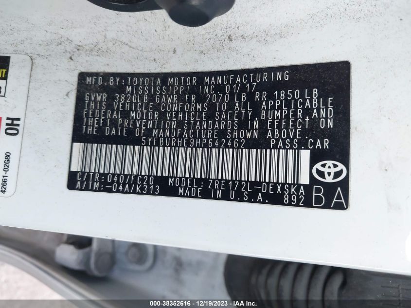 2017 TOYOTA COROLLA L/LE/XLE/SE/XSE - 5YFBURHE9HP642462