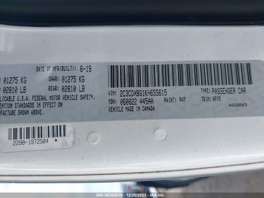 2019 DODGE CHARGER SXT RWD - 2C3CDXBG1KH655615