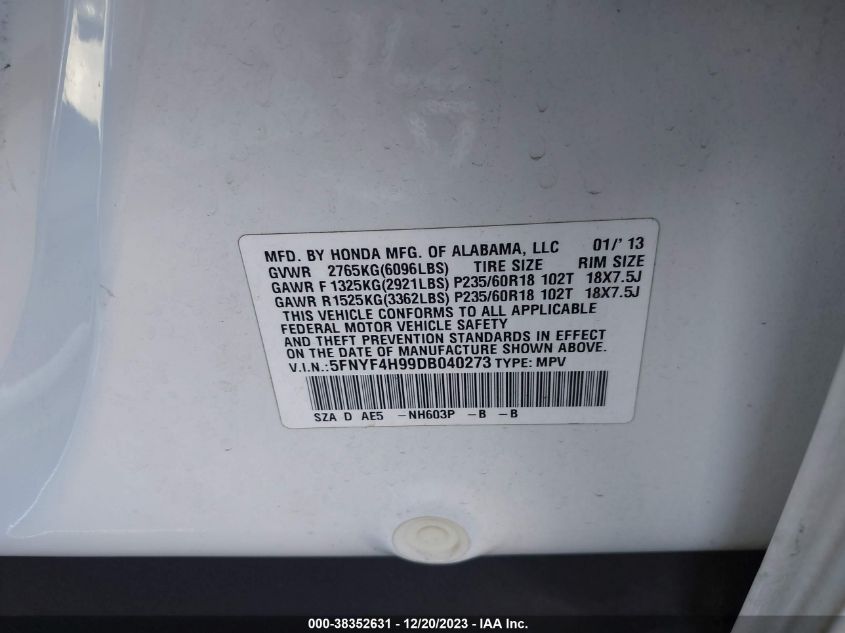 2013 HONDA PILOT TOURING - 5FNYF4H99DB040273