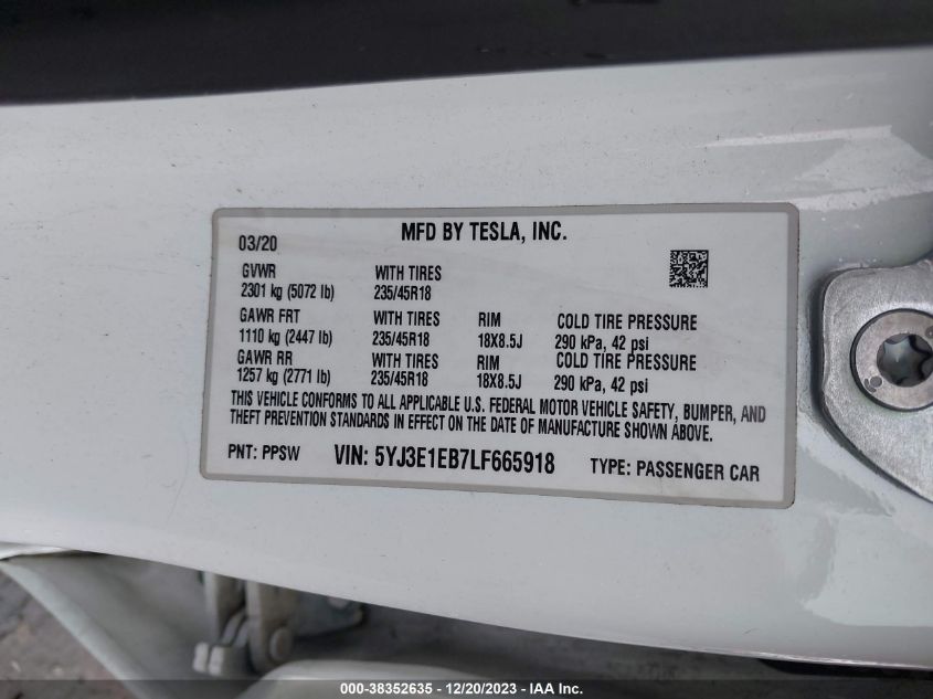 2020 TESLA MODEL 3 LONG RANGE DUAL MOTOR ALL-WHEEL DRIVE - 5YJ3E1EB7LF665918