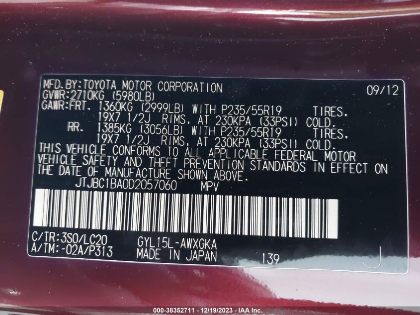 2013 LEXUS RX 450H - JTJBC1BA0D2057060