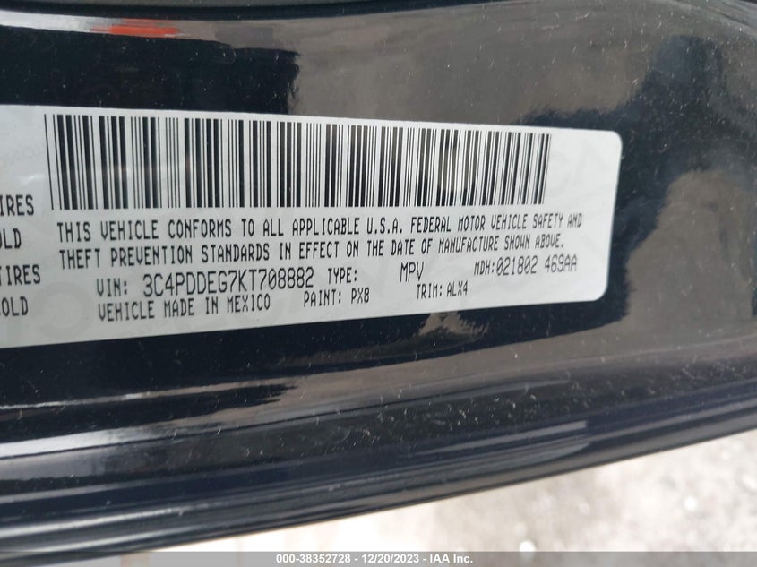 VIN 3C4PDDEG7KT708882 2019 DODGE JOURNEY GT