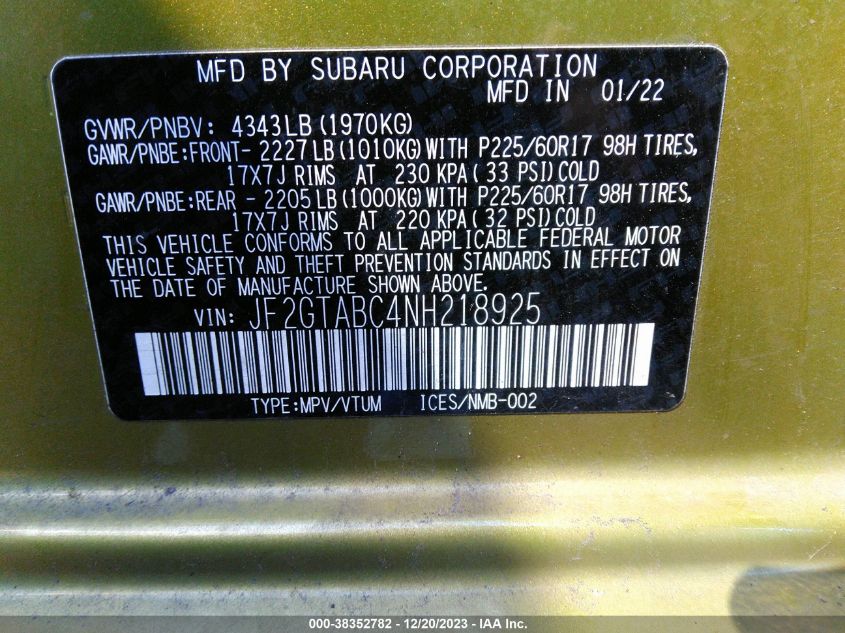 2022 SUBARU CROSSTREK - JF2GTABC4NH218925