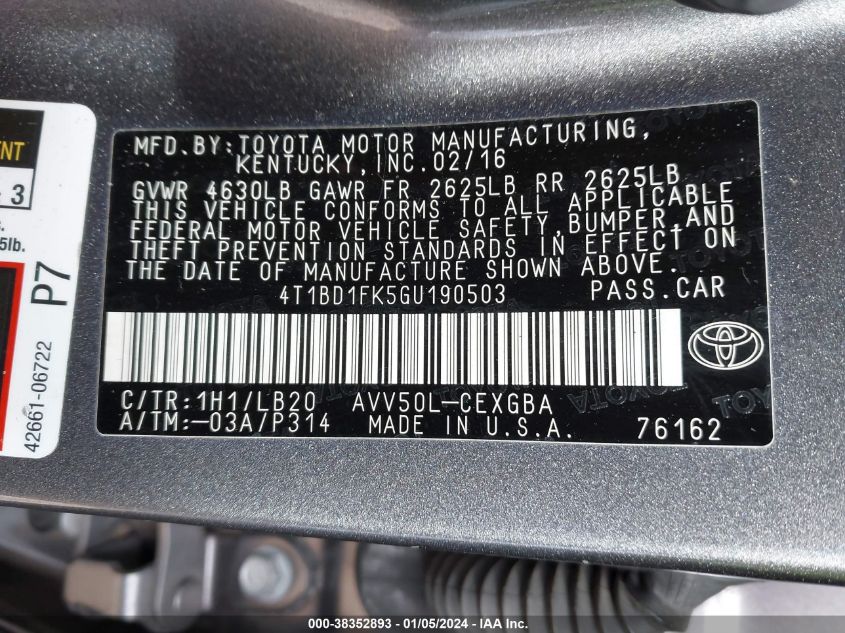 2016 TOYOTA CAMRY HYBRID XLE - 4T1BD1FK5GU190503