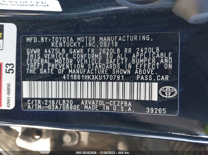 2019 TOYOTA CAMRY XSE - 4T1B61HKXKU170781