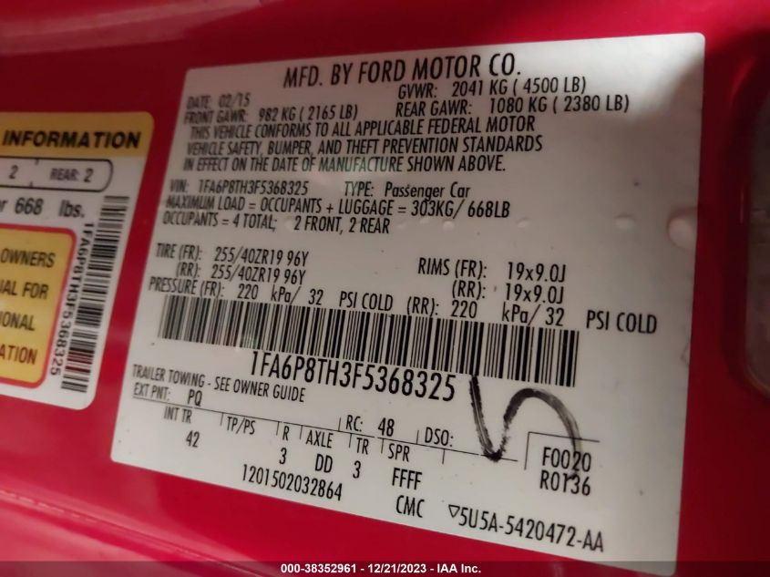 2015 FORD MUSTANG ECOBOOST - 1FA6P8TH3F5368325