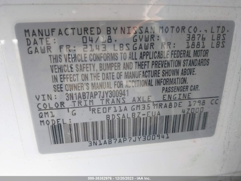 2018 NISSAN SENTRA S/SV/SR/SL - 3N1AB7AP7JY300941