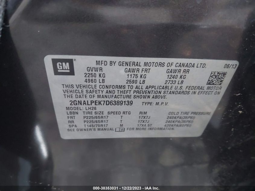 2013 CHEVROLET EQUINOX LT - 2GNALPEK7D6389139