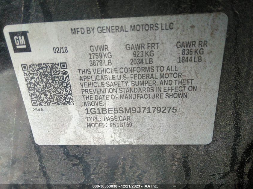2018 CHEVROLET CRUZE LT - 1G1BE5SM9J7179275