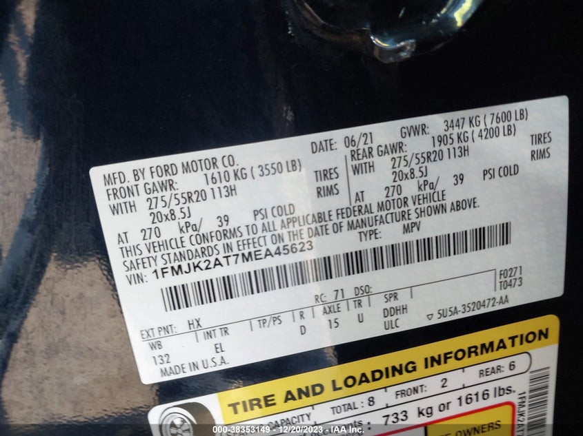 VIN 1FMJK2AT7MEA45623 2021 FORD EXPEDITION MAX LIMITED