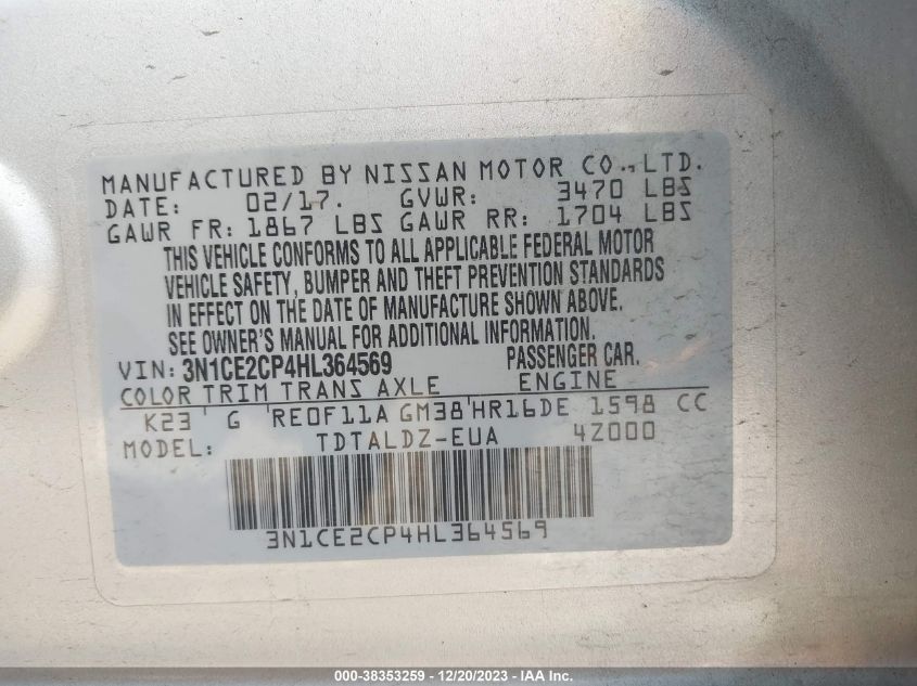 2017 NISSAN VERSA NOTE SV - 3N1CE2CP4HL364569