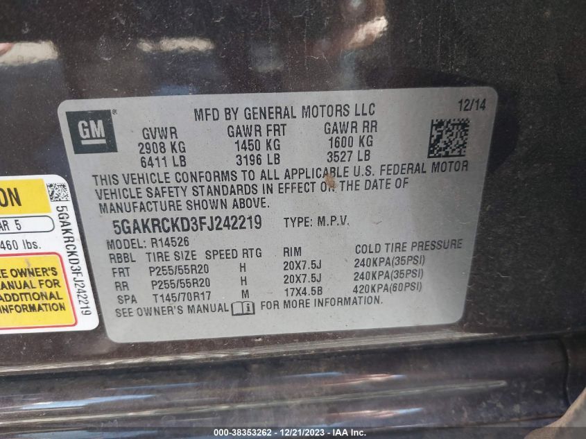 2015 BUICK ENCLAVE - 5GAKRCKD3FJ242219