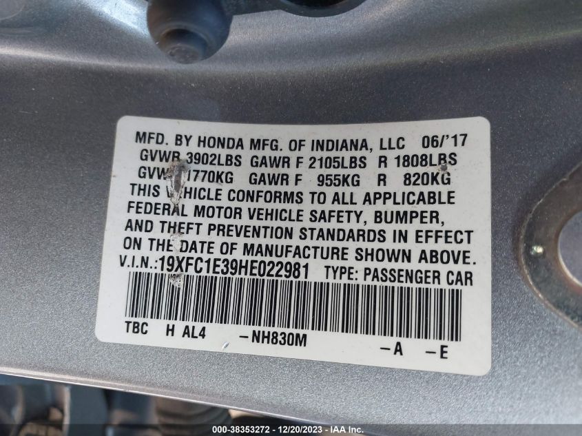 2017 HONDA CIVIC EX - 19XFC1E39HE022981