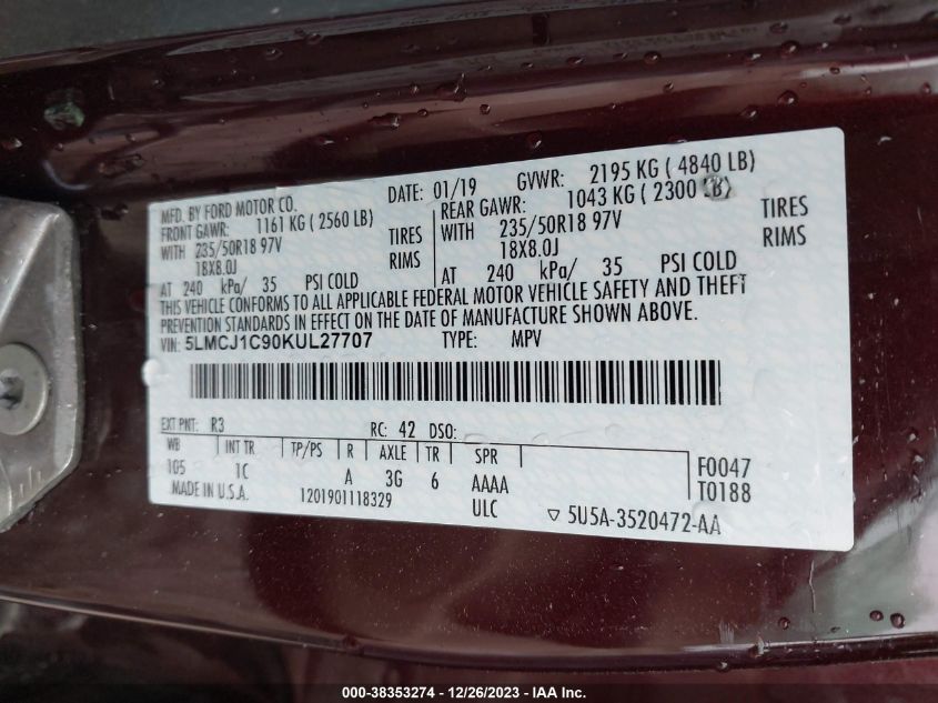 2019 LINCOLN MKC - 5LMCJ1C90KUL27707
