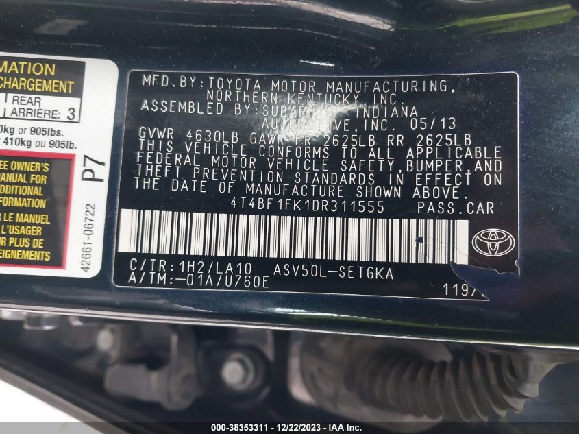 2013 TOYOTA CAMRY L/SE/LE/XLE - 4T4BF1FK1DR311555