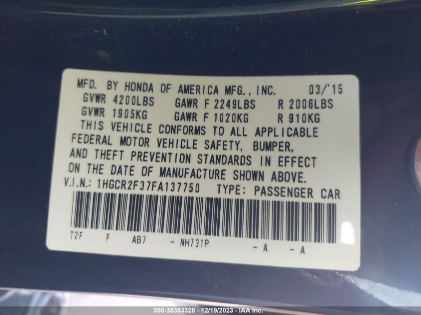 2015 HONDA ACCORD LX - 1HGCR2F37FA137750