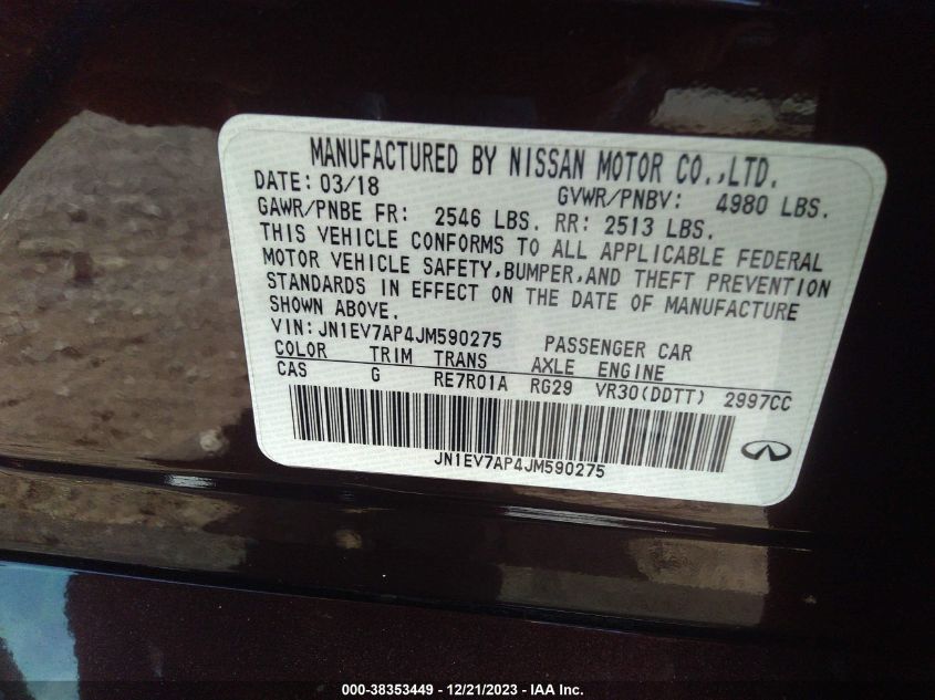 2018 INFINITI Q50 LUXE/SPORT - JN1EV7AP4JM590275
