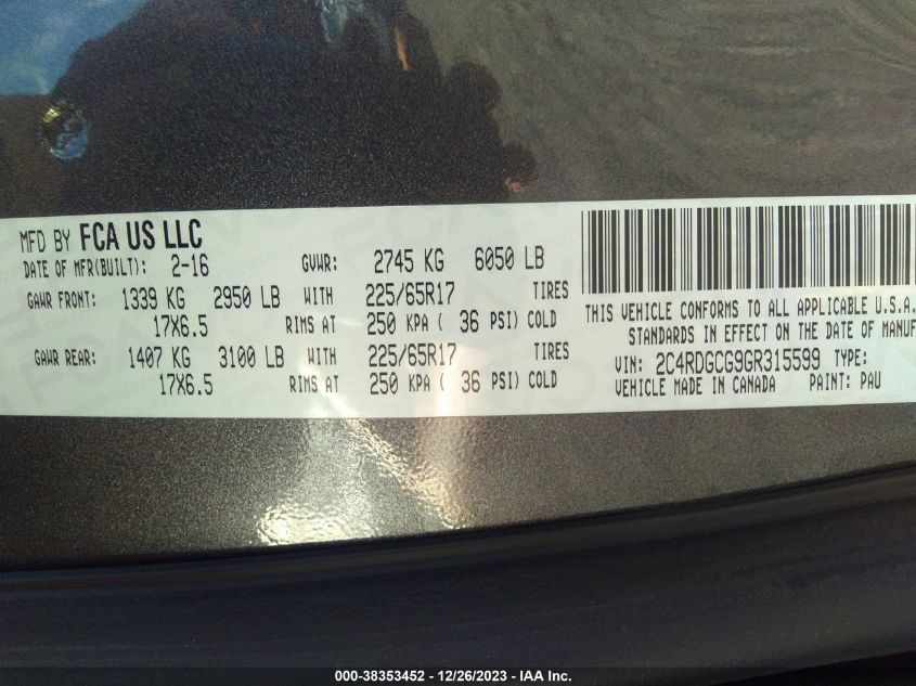 2016 DODGE GRAND CARAVAN SXT - 2C4RDGCG9GR315599