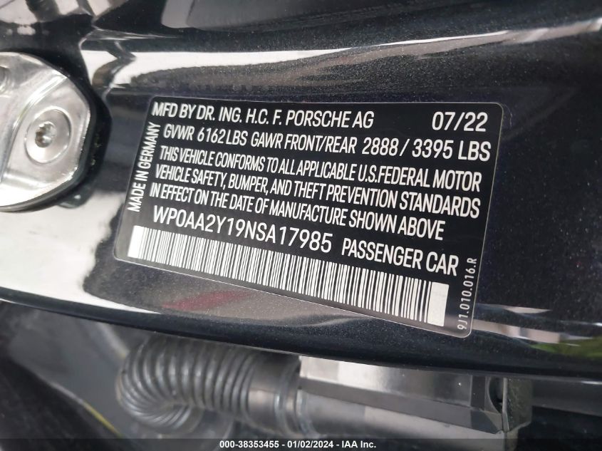 2022 PORSCHE TAYCAN - WP0AA2Y19NSA17985