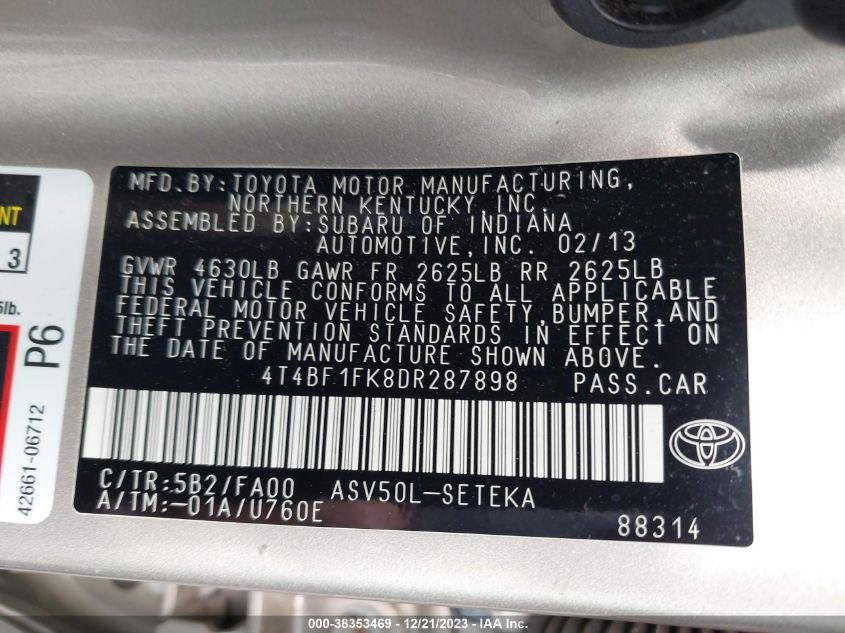 2013 TOYOTA CAMRY L - 4T4BF1FK8DR287898