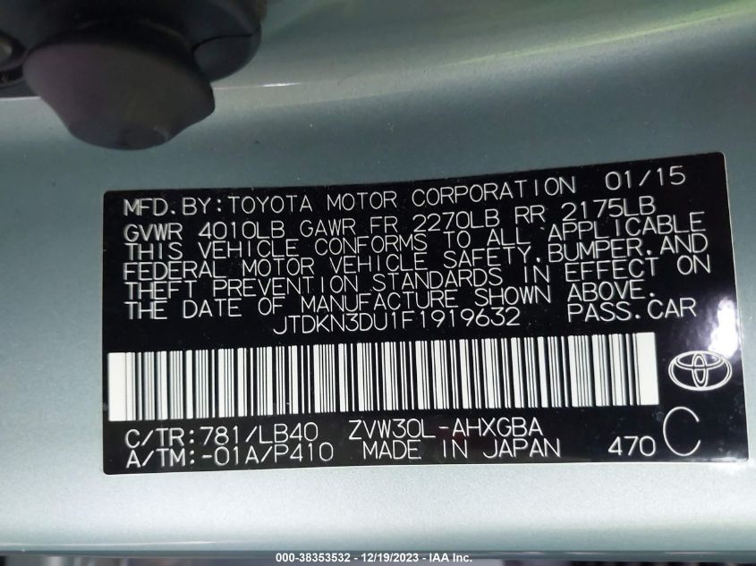 2015 TOYOTA PRIUS FOUR - JTDKN3DU1F1919632