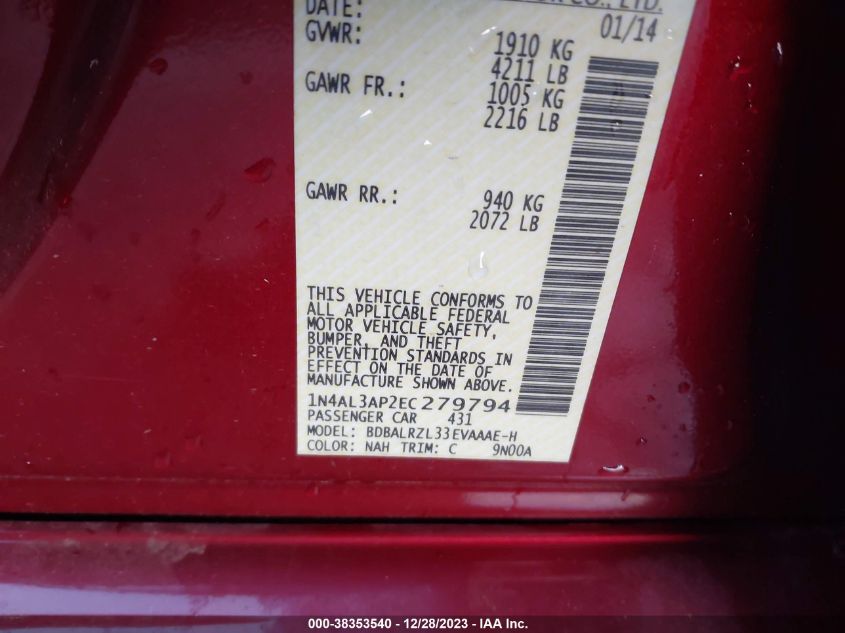 2014 NISSAN ALTIMA 2.5 S - 1N4AL3AP2EC279794