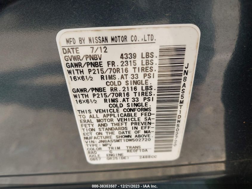 2013 NISSAN ROGUE S - JN8AS5MT1DW502720