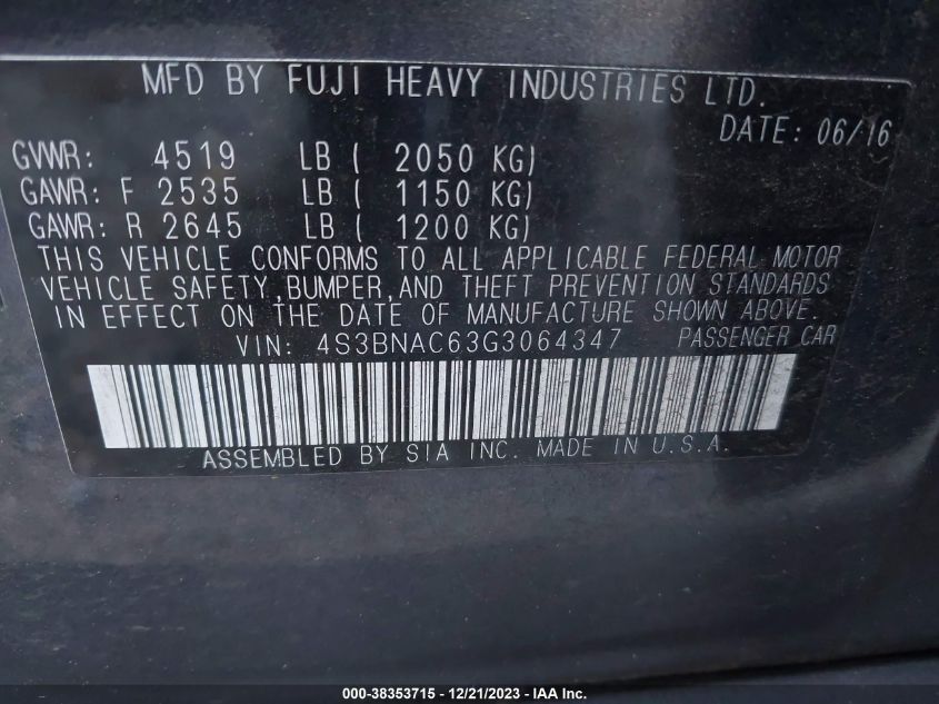 2016 SUBARU LEGACY 2.5I PREMIUM - 4S3BNAC63G3064347