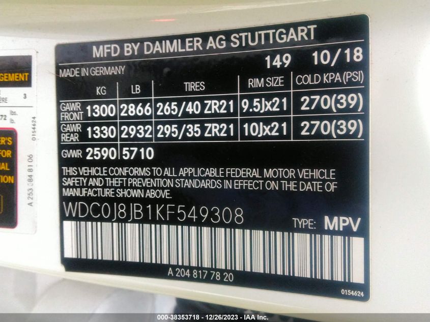 2019 MERCEDES-BENZ AMG GLC 63 COUPE 4MATIC - WDC0J8JB1KF549308
