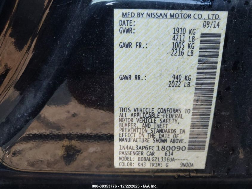 2015 NISSAN ALTIMA 2.5/2.5 S/2.5 SL/2.5 SV - 1N4AL3AP6FC180090
