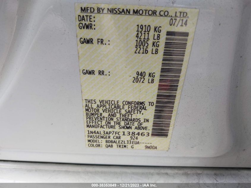 2015 NISSAN ALTIMA 2.5 S - 1N4AL3AP7FC138463
