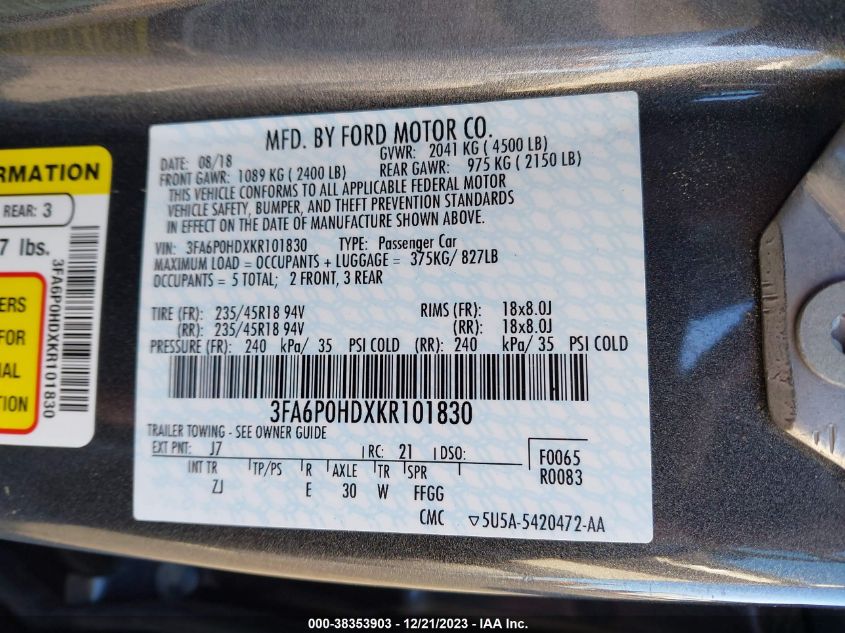 2019 FORD FUSION SE - 3FA6P0HDXKR101830