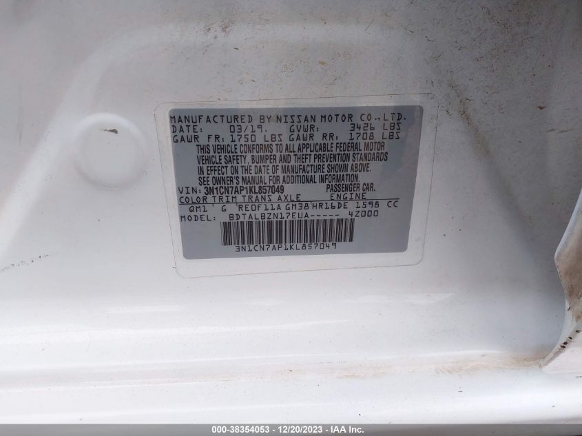 2019 NISSAN VERSA S/S PLUS/SV - 3N1CN7AP1KL857049